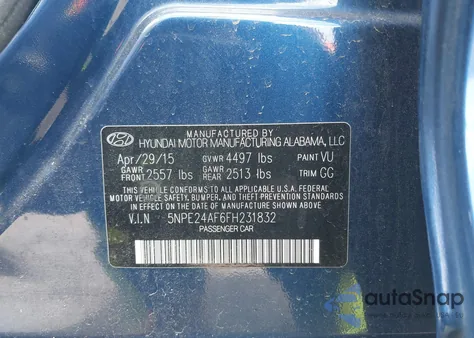 2015 Hyundai Sonata Se z USA, uszkodzony, nr VIN 5NPE24AF6FH231832